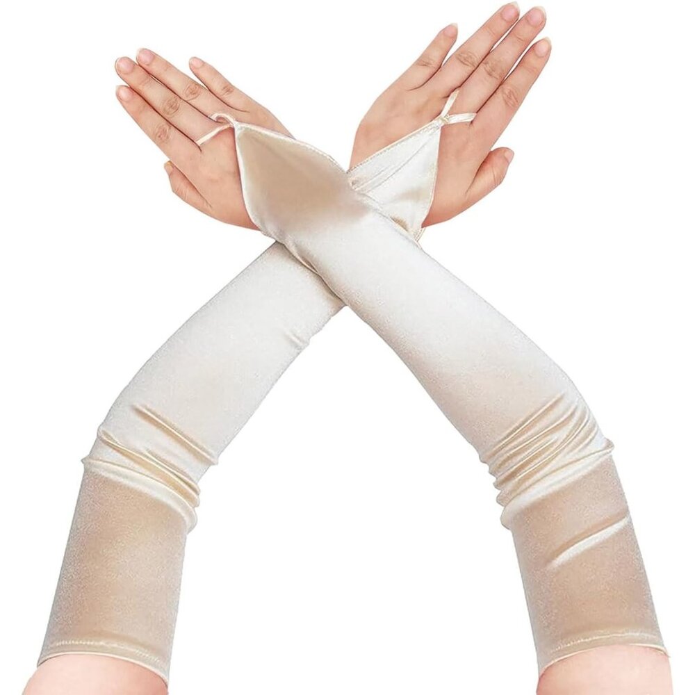 Women's Fingerless Champagne Satin Fabric Gloves Stretchy Elbow Length Gloves